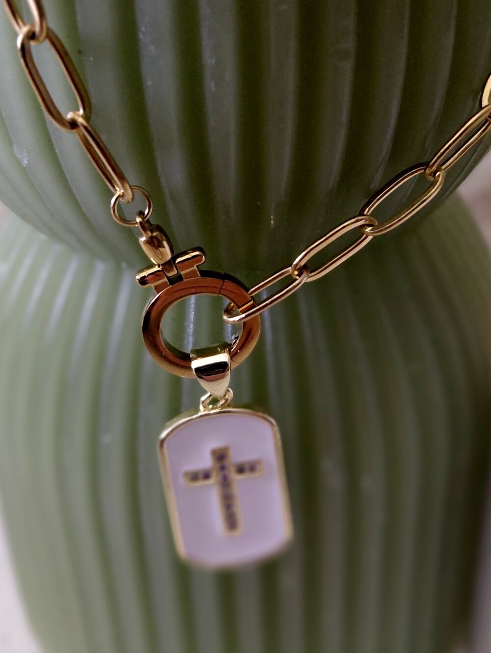 Gold Plated Link Necklace with White Cross Pendant